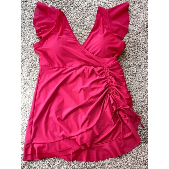 Blooming Jelly Swim Dress Sz 3X Burgundy Red Flounce Sleeve V Neck One Piece New - Picture 2 of 7